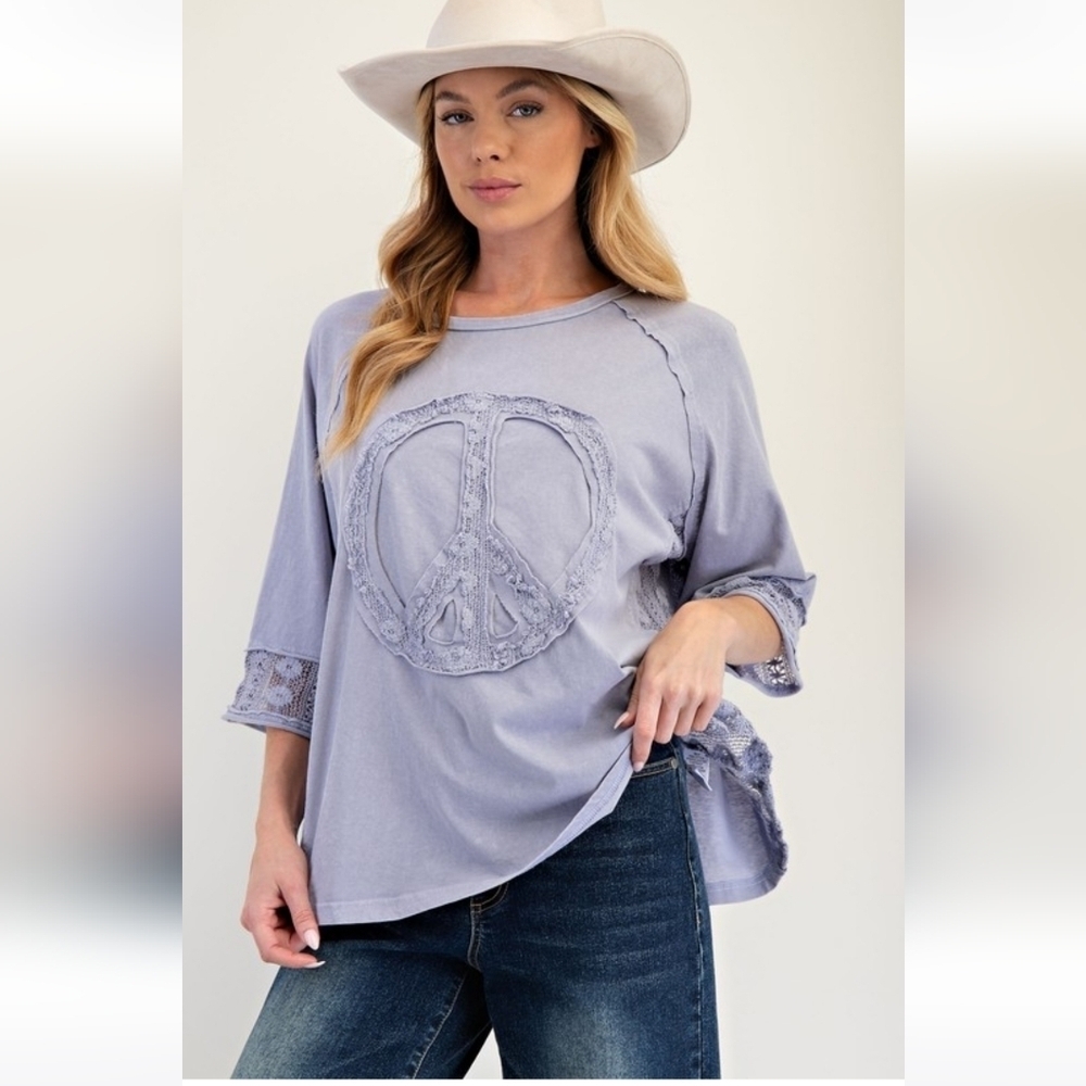 Easel Peace Symbol Patch Mineral Washed Cotton Jersey Top Lilac Blue New